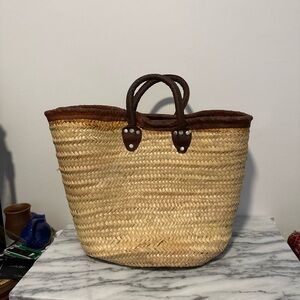 Moroccan market basket tote bag Brown and Tan Woven leather trim
